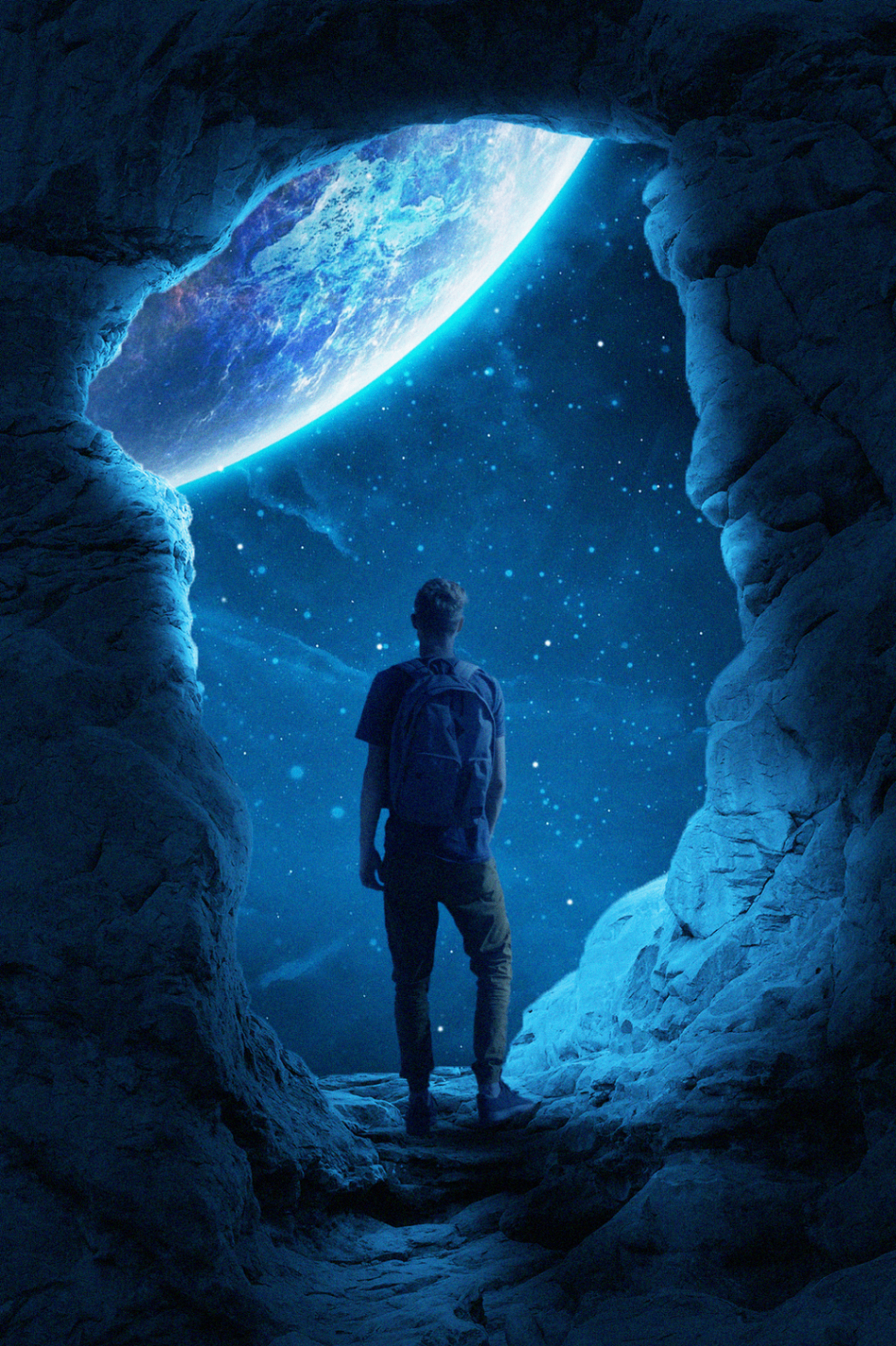 Figure looking up at a blue moon from inside a cave